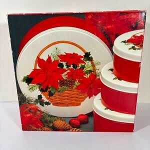 Vintage 90's Home Beautiful 4pc Nested Holiday Poinsettia Cookie Tins